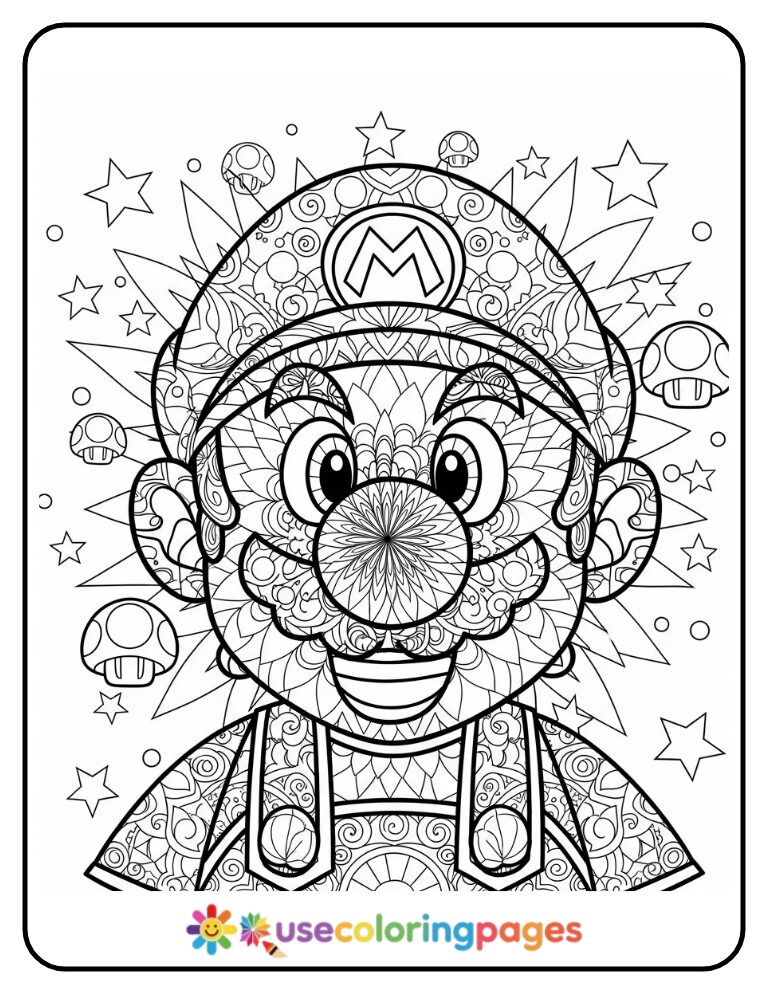 Abstract Mandala Mario Face Coloring Page for Adults