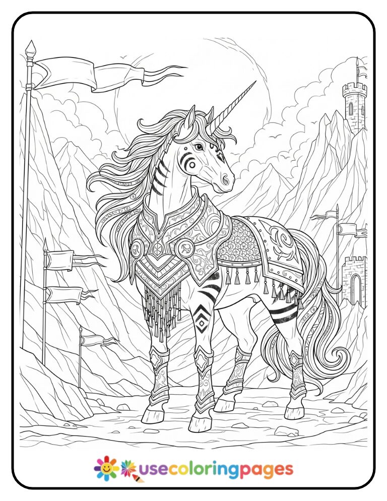 Ancient Warrior Unicorn with Armor Coloring Page