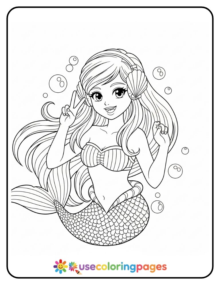 Anime Mermaid Making a Peace Sign Coloring Page