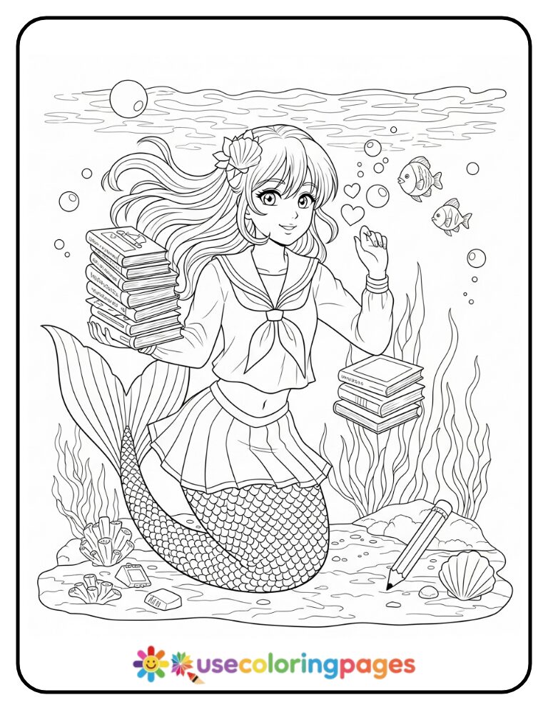 Anime Mermaid in School Uniform Coloring Page