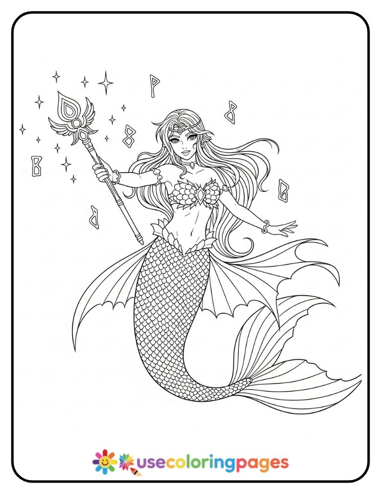 Anime Mermaid with Magical Wand Coloring Page
