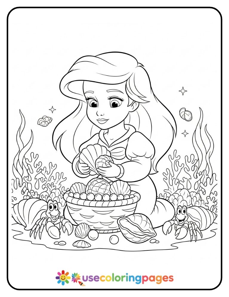 Ariel Collecting Seashells Coloring Page