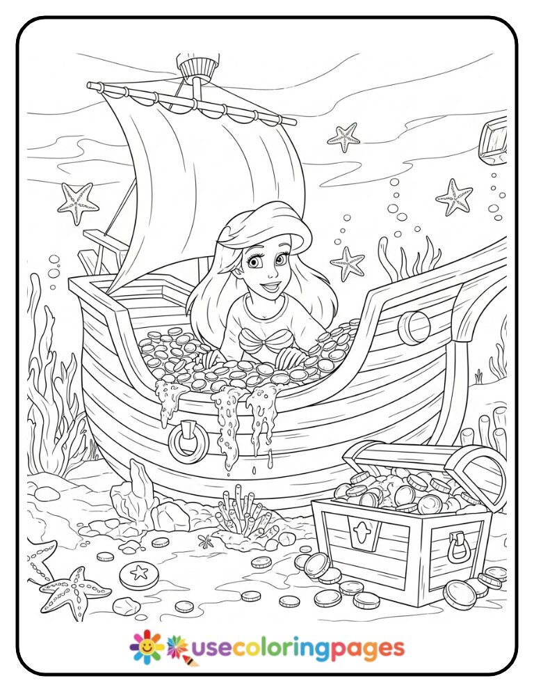 Ariel Exploring a Sunken Ship Coloring Page