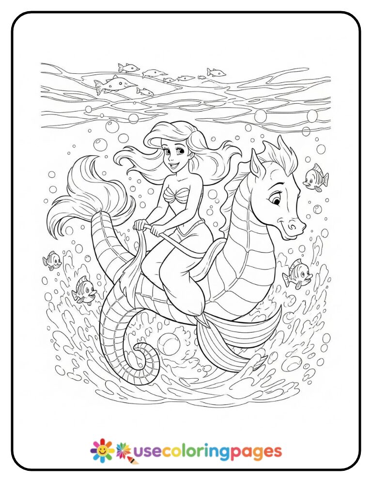 Ariel Riding a Seahorse Coloring Page