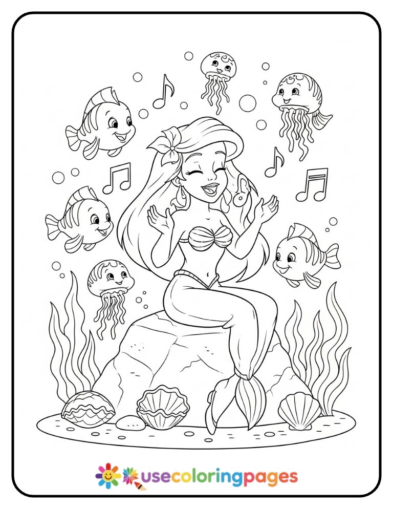 Ariel Singing with Sea Creatures Coloring Page