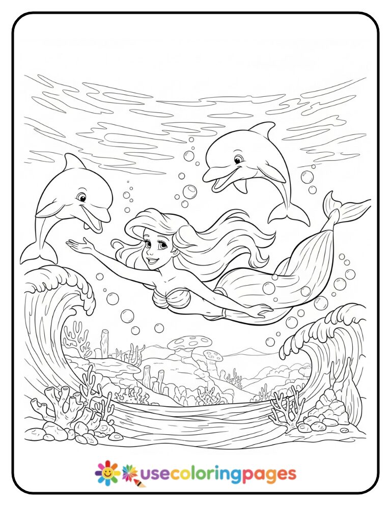 Ariel Swimming with Dolphins Coloring Page