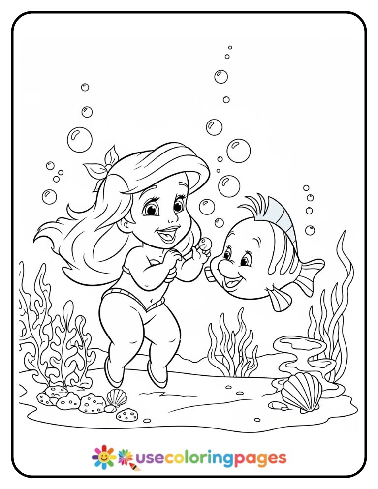 Ariel and Flounder Playing with Bubbles Coloring Page