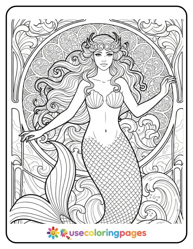 Art Nouveau Mermaid Coloring Page Printable