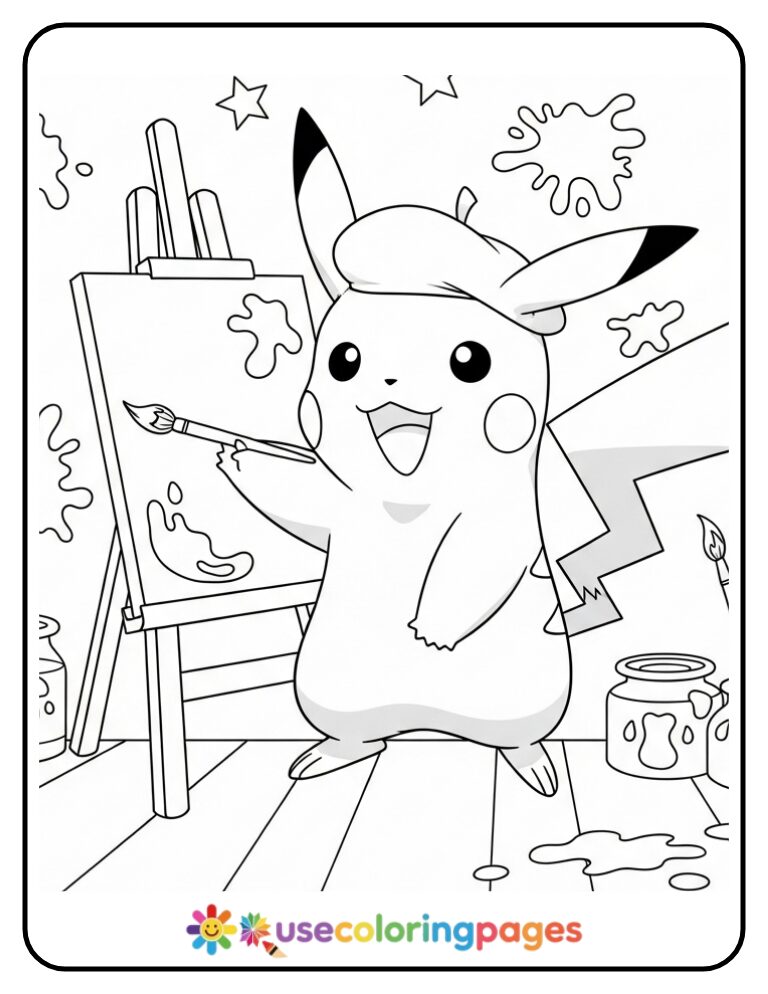 Artist Pikachu Painting a Canvas Coloring Page