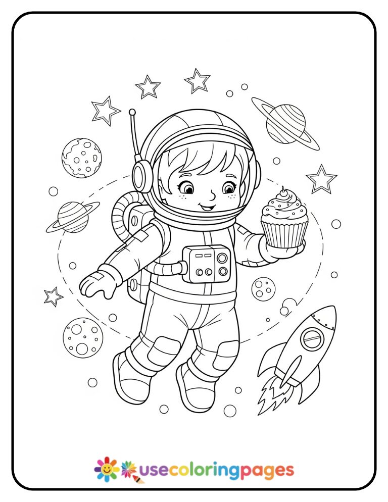 Astronaut Floating With Cupcake Coloring Page