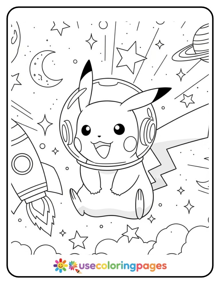 Astronaut Pikachu Floating in Space Coloring Page