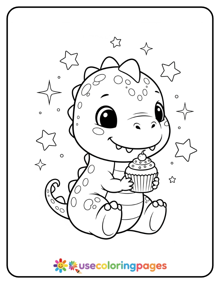 Baby Dinosaur With Cupcake Coloring Page