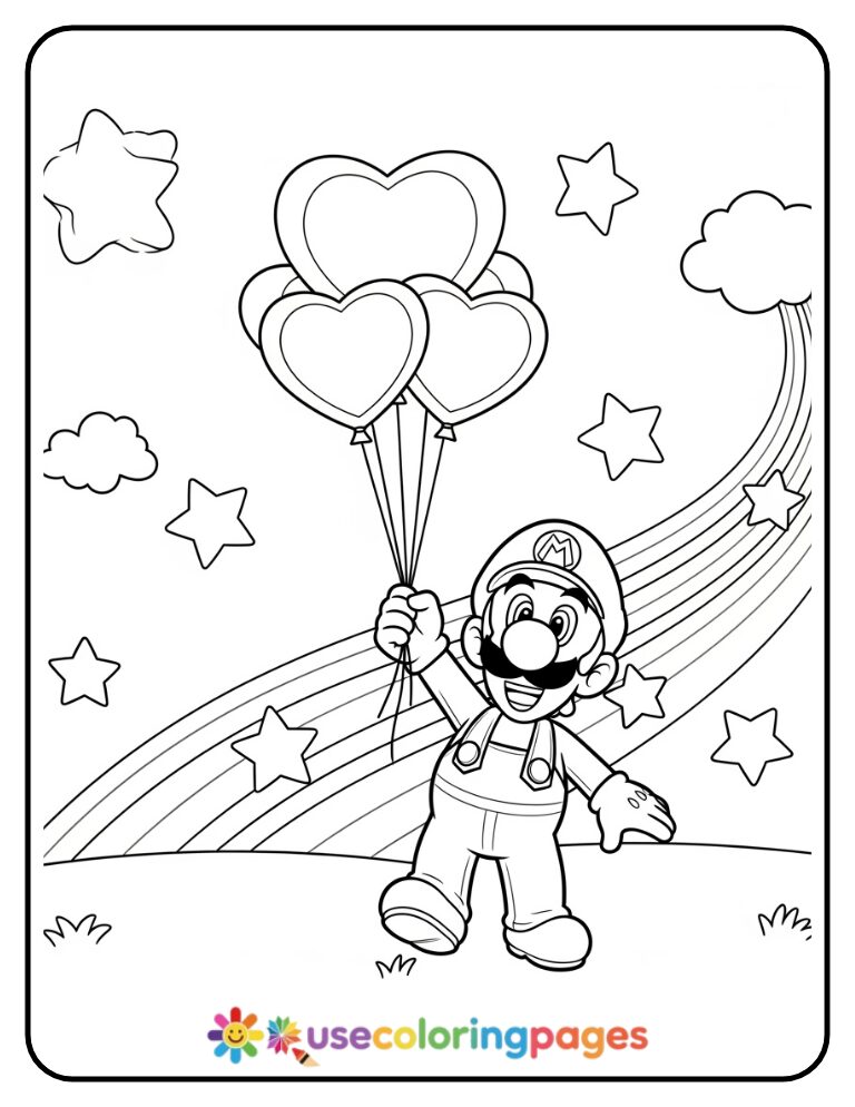 Baby Luigi Flying with Balloons Coloring Page Printable