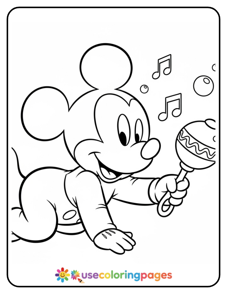 Baby Mickey Mouse Crawling with Rattle Coloring Page
