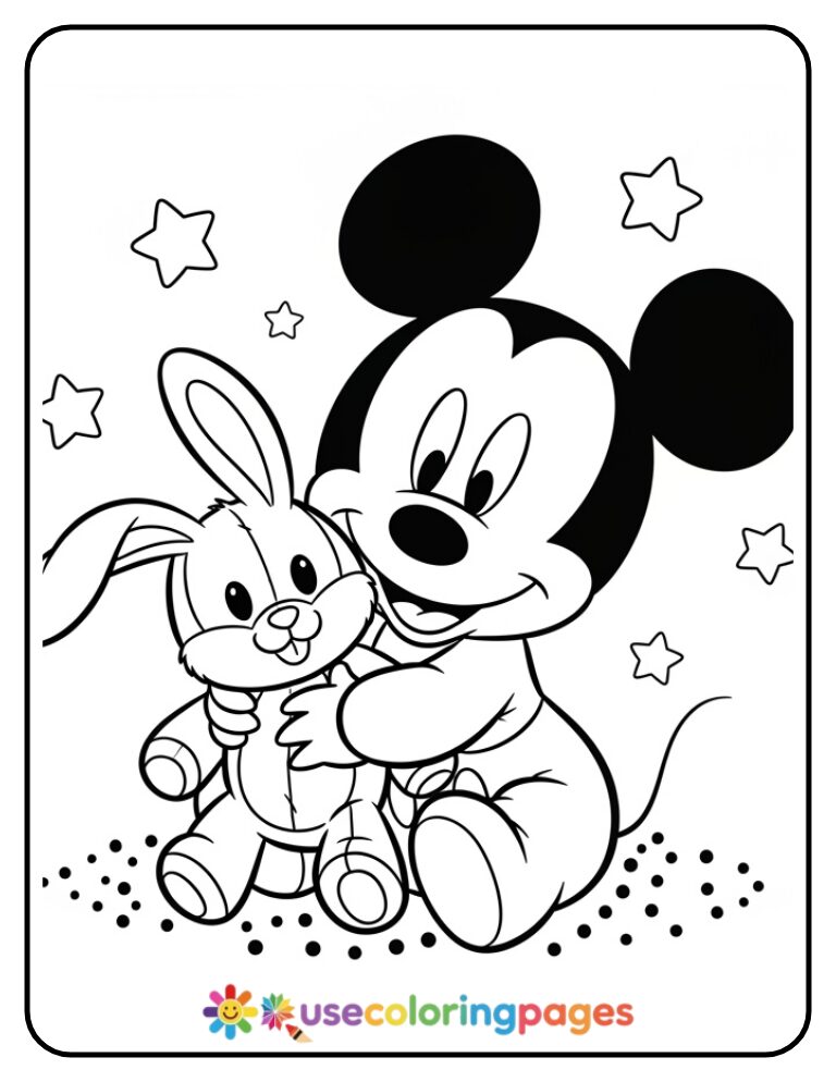 Baby Mickey Mouse Hugging a Plush Bunny Coloring Page