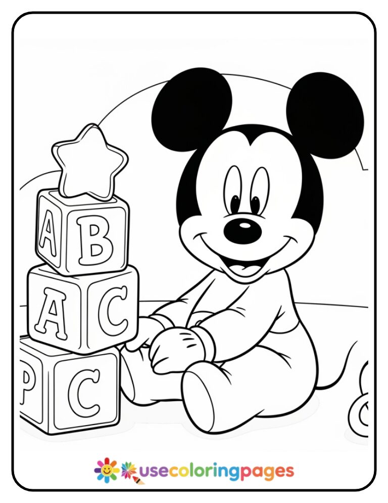 Baby Mickey Mouse Sitting with Blocks Coloring Page