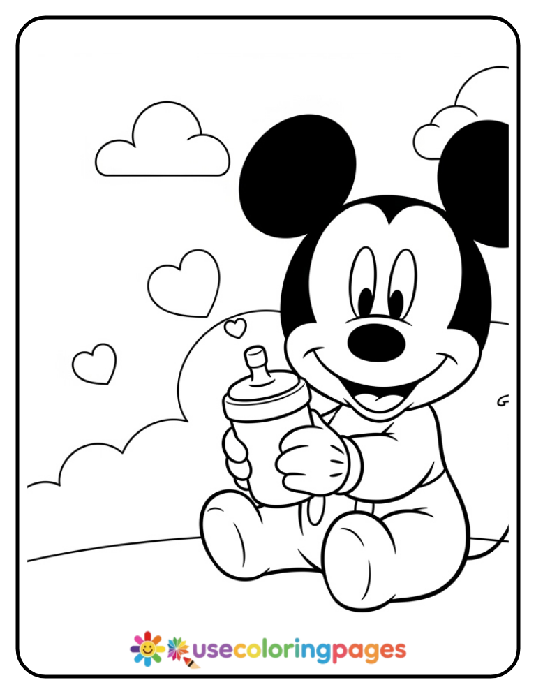 Baby Mickey Mouse with a Sippy Cup Coloring Page