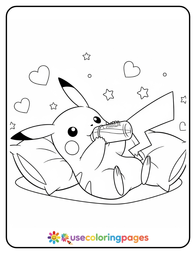 Baby Pikachu Drinking from a Bottle Coloring Page Printable