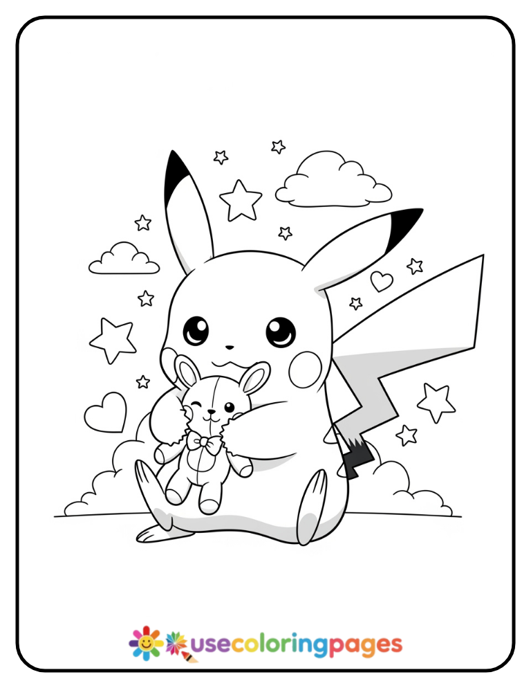 Baby Pikachu Holding a Plushie Coloring Page For Kids