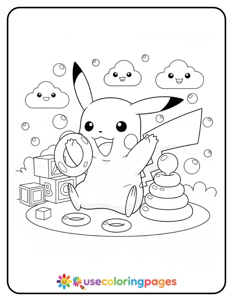 Baby Pikachu Playing with Stacking Rings Coloring Page