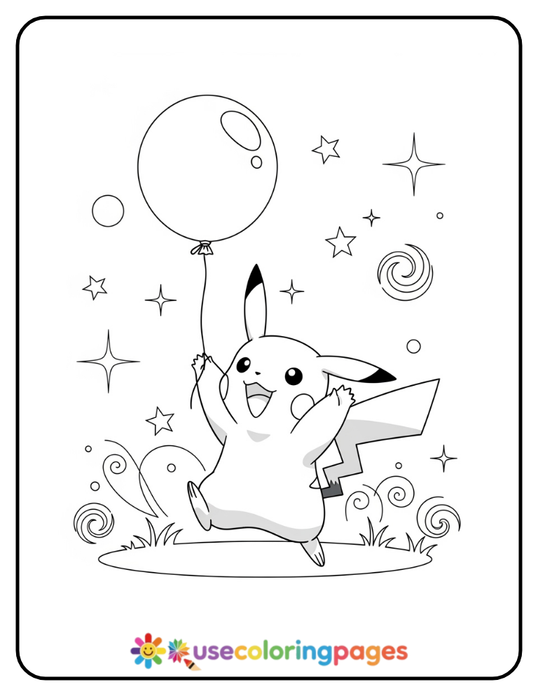 Baby Pikachu Reaching for a Floating Balloon Coloring Page