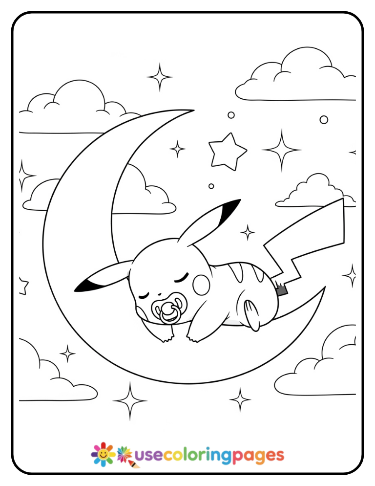 Baby Pikachu Sleeping on a Crescent Moon Coloring Page