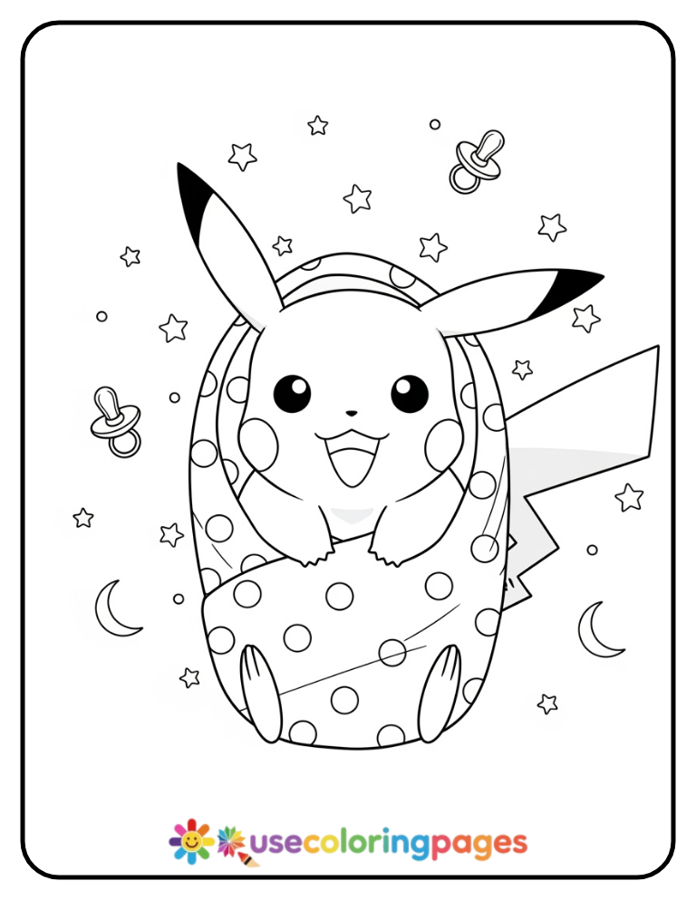Baby Pikachu Wrapped in a Blanket Coloring Page Printable