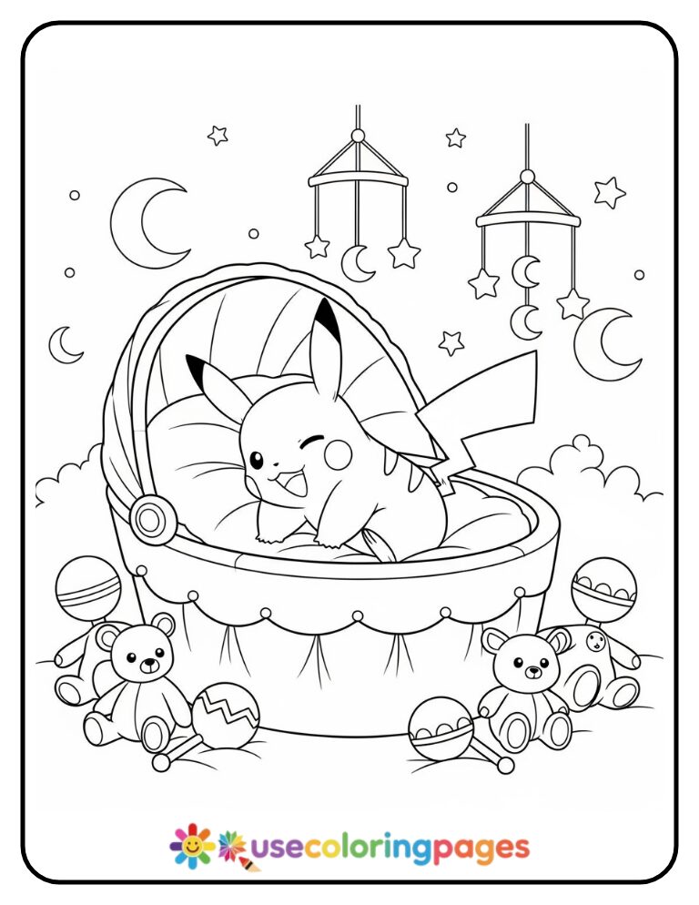 Baby Pikachu in a Bassinet with Toys Coloring Page For Kids