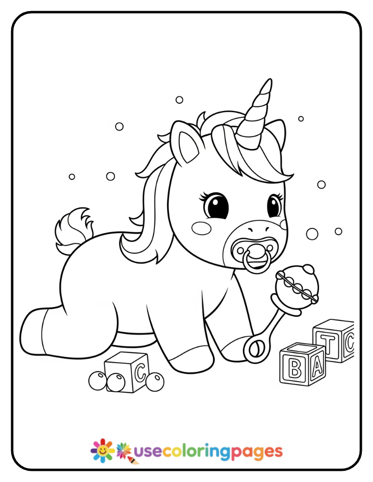 Baby Unicorn Crawling with Rattle Coloring Page
