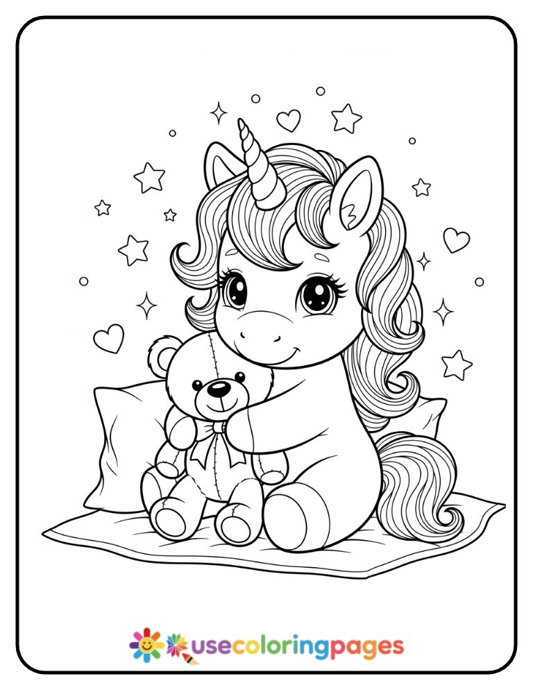 Baby Unicorn Holding a Teddy Bear Coloring Page