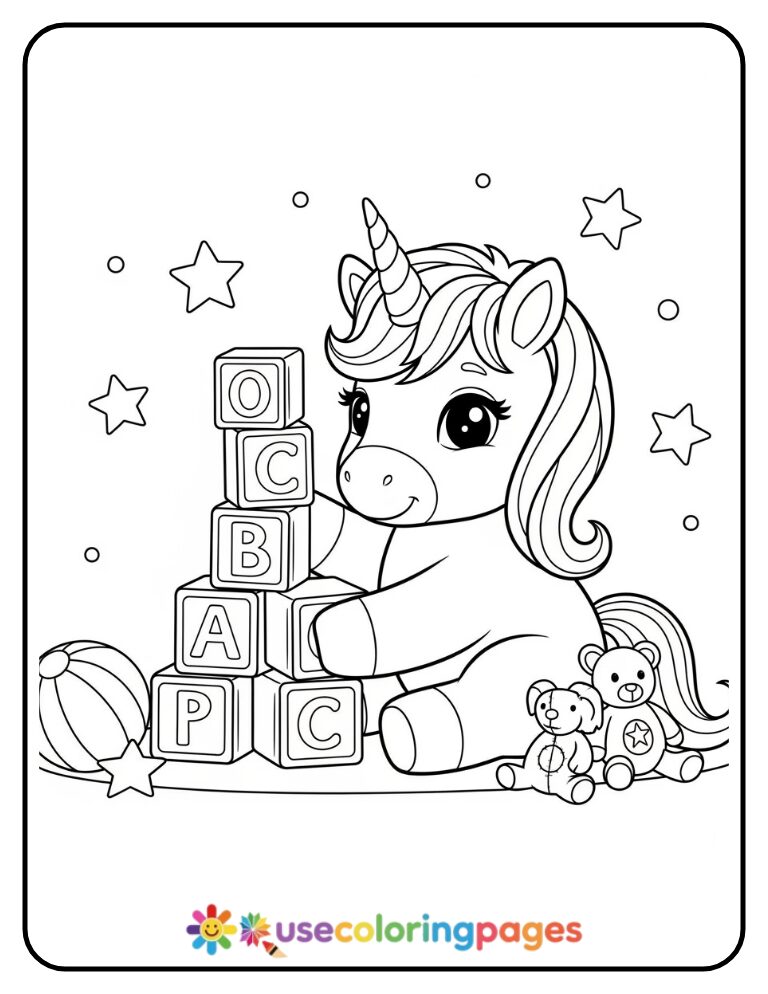 Baby Unicorn Playing with Blocks Coloring Page