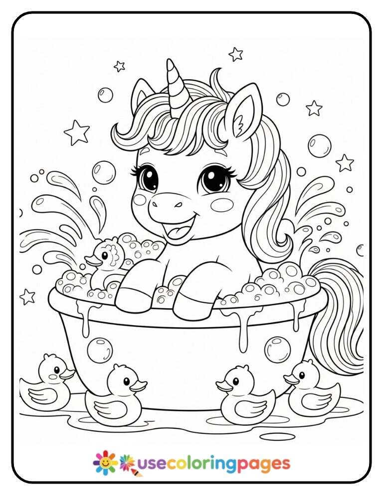 Baby Unicorn in Bathtub with Bubbles Coloring Page