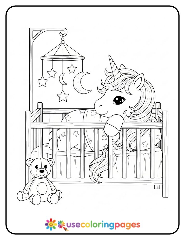 Baby Unicorn in a Crib with Mobile Coloring Page