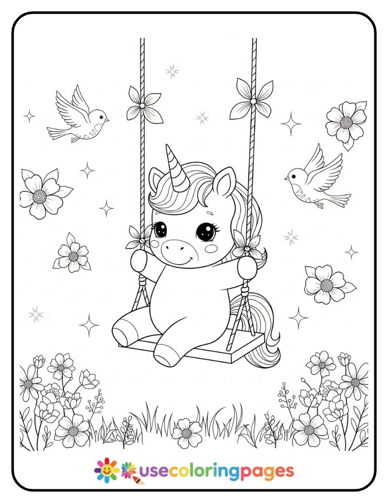 Baby Unicorn on a Swing Coloring Page for Kids