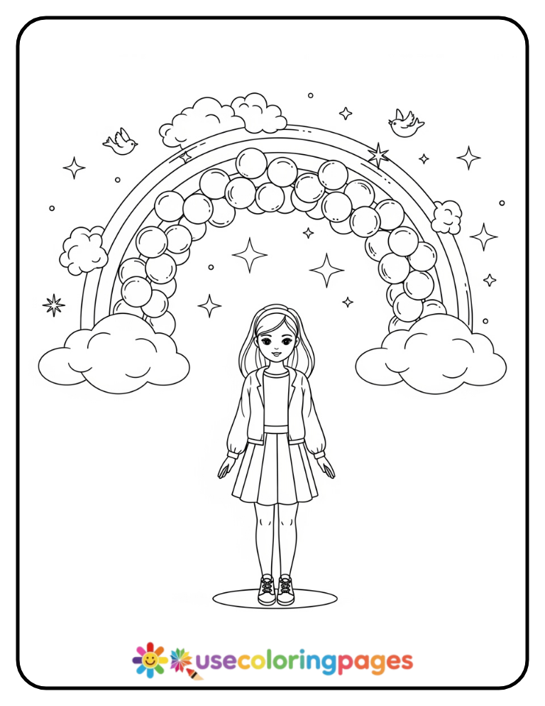 Balloon Rainbow Arch With Clouds Coloring Page