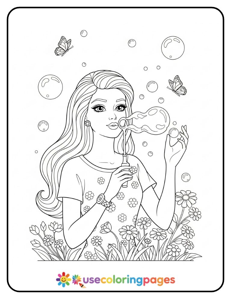 Barbie Blowing Bubbles Coloring Page Printable