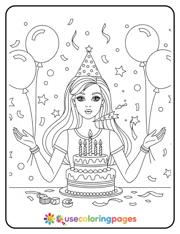 Barbie Blowing Out Birthday Candles Coloring Page Printable