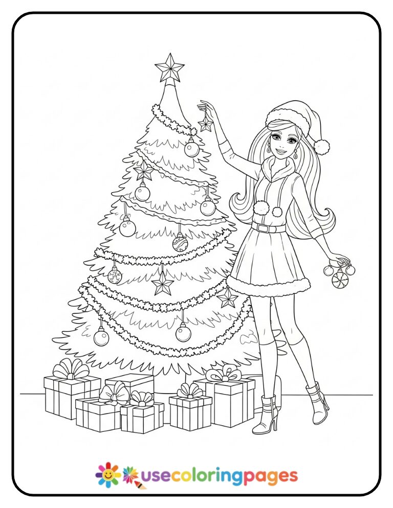 Barbie Decorating Christmas Tree Coloring Page Printable