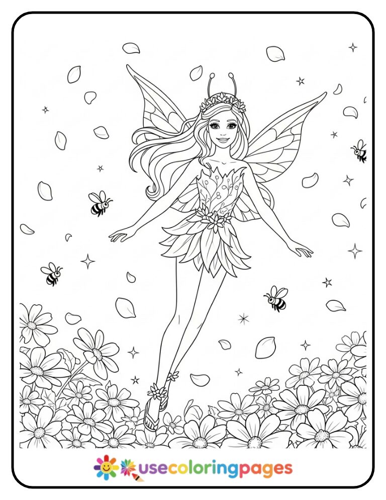 Barbie Fairy Flying Over Flowers Coloring Page
