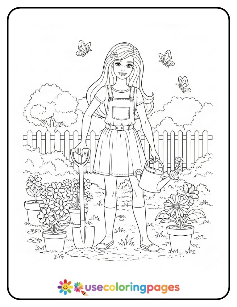 Barbie Gardening Scene Coloring Page Printable