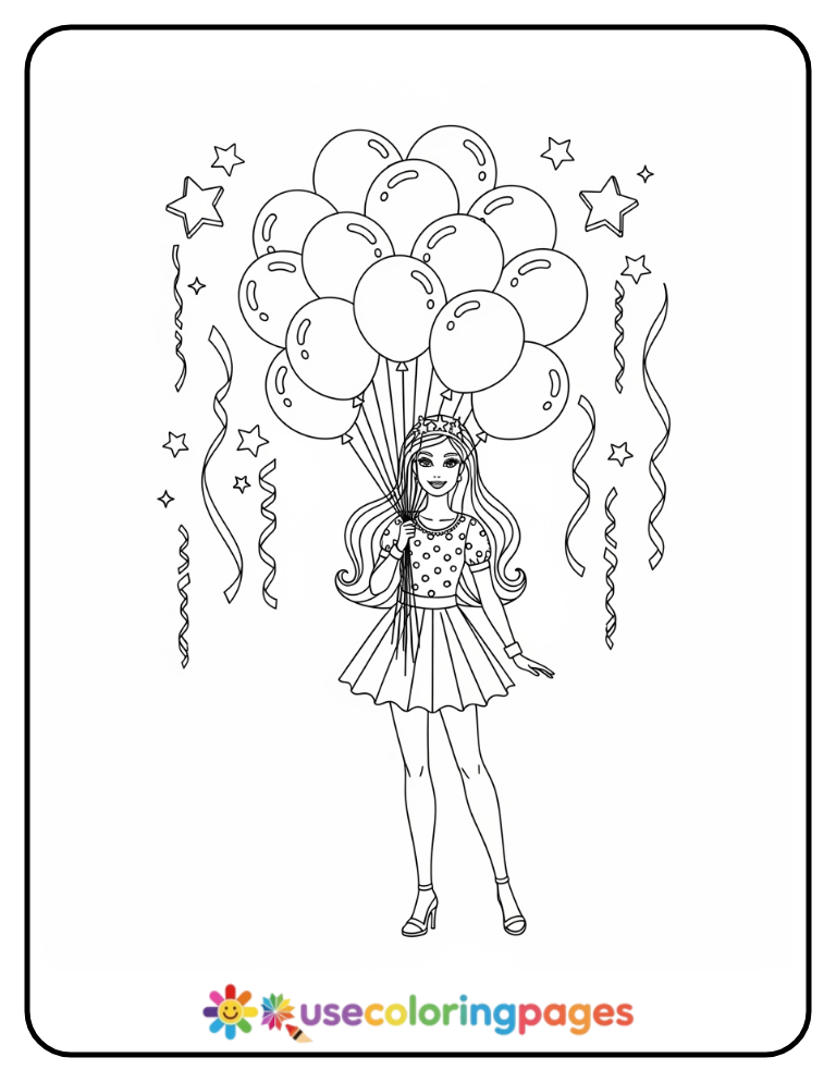 Barbie Holding Birthday Balloons Coloring Page