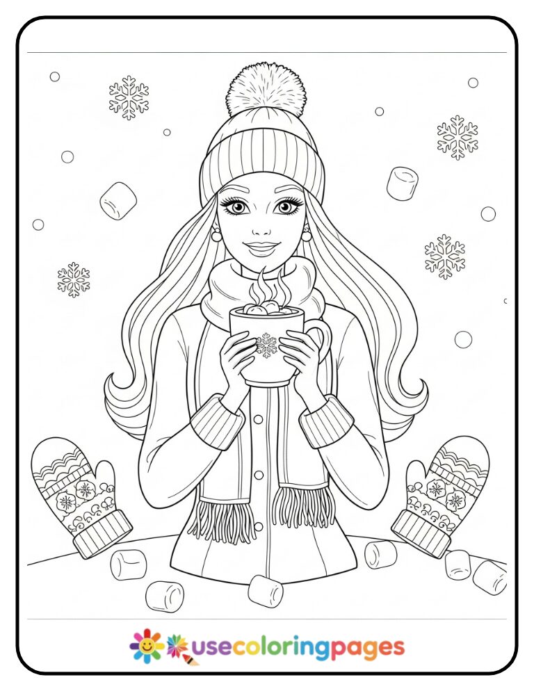 Barbie Holding Hot Cocoa Coloring Page Free