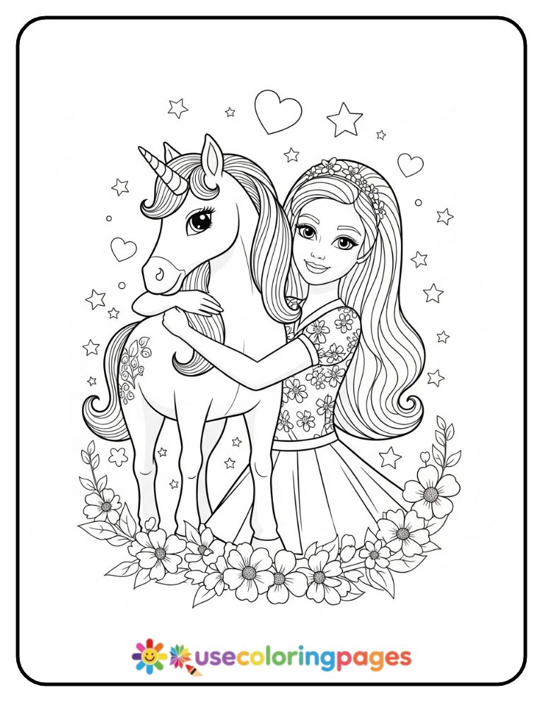 Barbie Hugging Her Unicorn Coloring Page