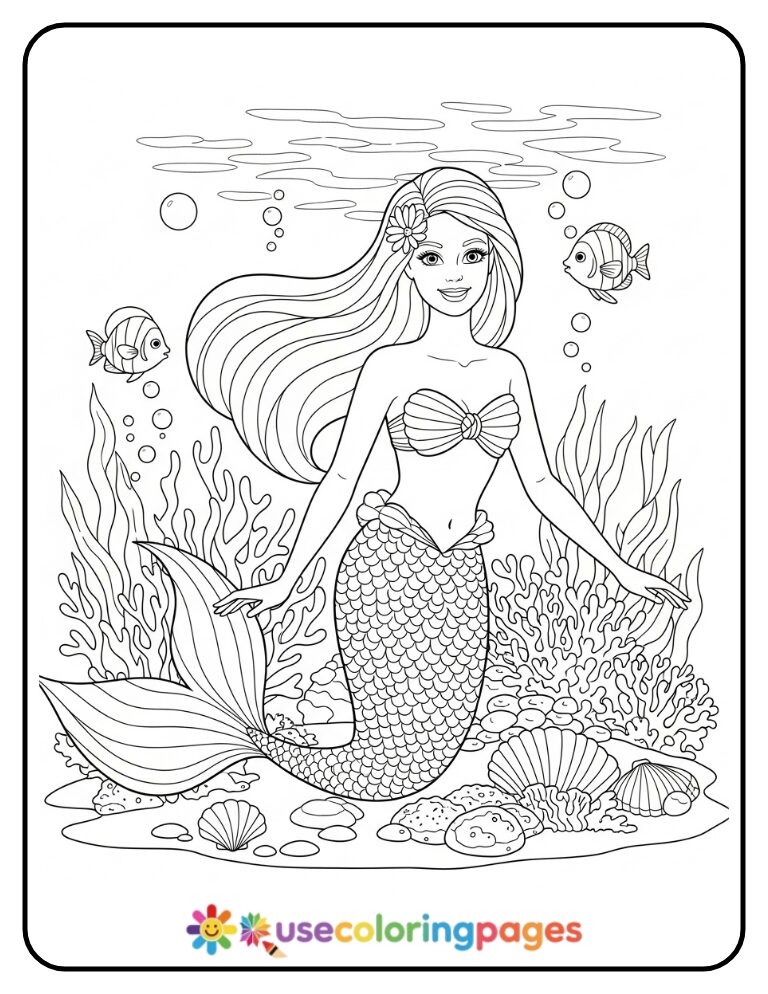 Barbie Mermaid Undersea Coloring Page Printable