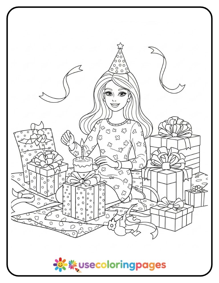 Barbie Opening Birthday Presents Coloring Page Free