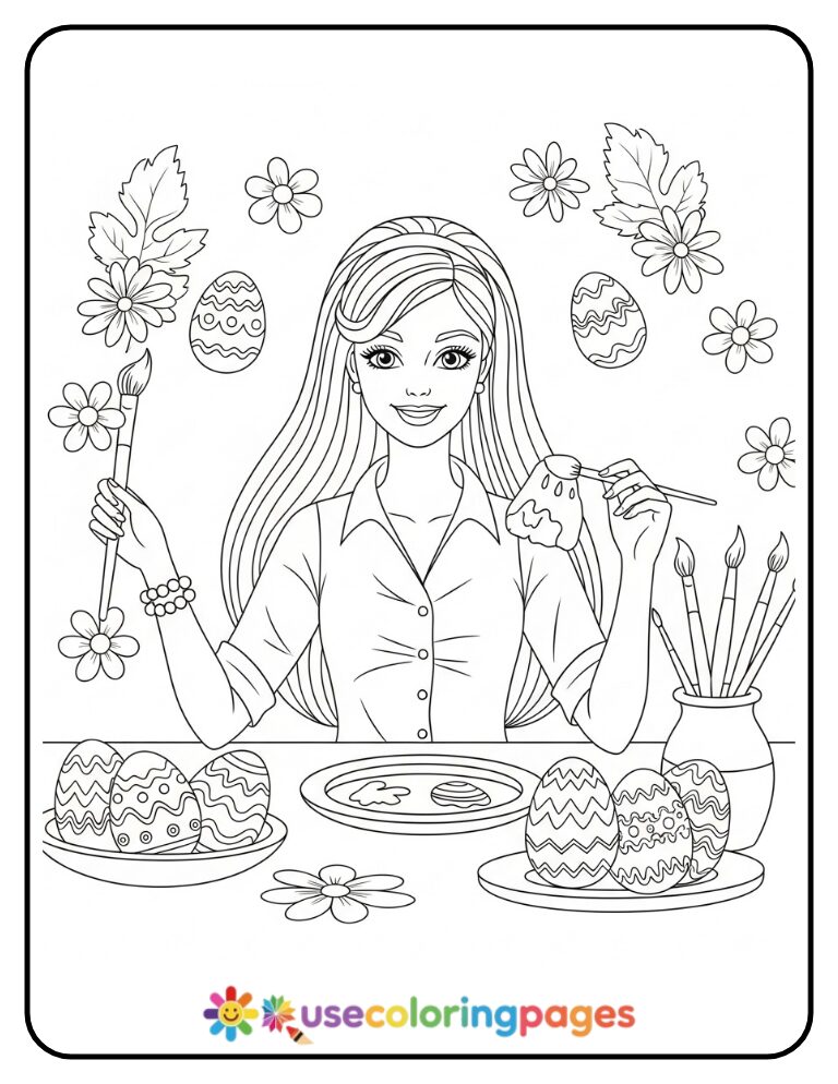 Barbie Painting Easter Eggs Coloring Page Printable