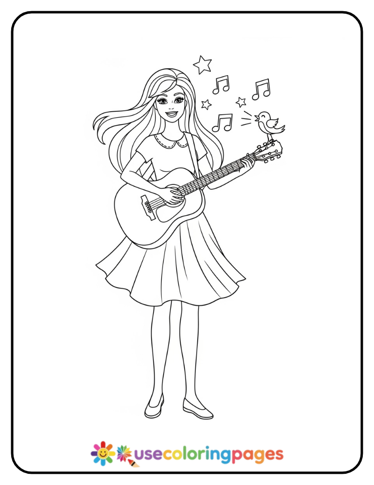 Barbie Playing Guitar Coloring Page Printable