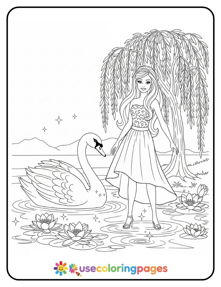 Barbie Princess with Swan Friend Coloring Page
