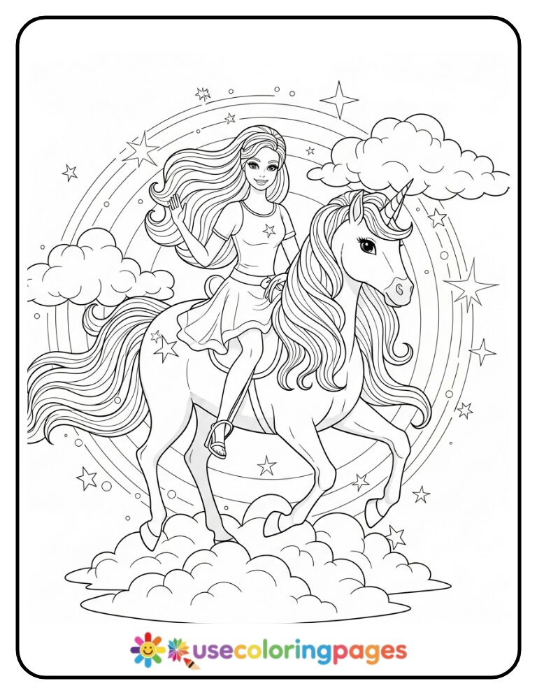 Barbie Riding a Unicorn Coloring Page Printable