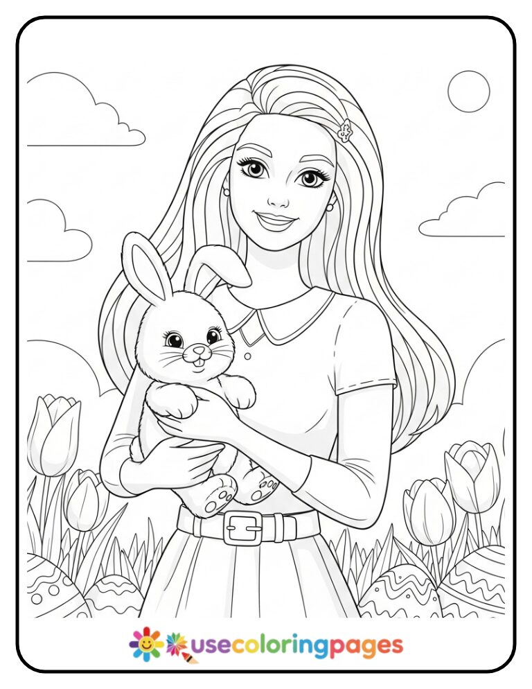 Barbie With Easter Bunny Coloring Page Free